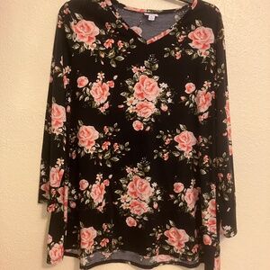 LuLaRoe Elizabeth Tunic Black Floral Print V-Neck L/S Women's - Size XL